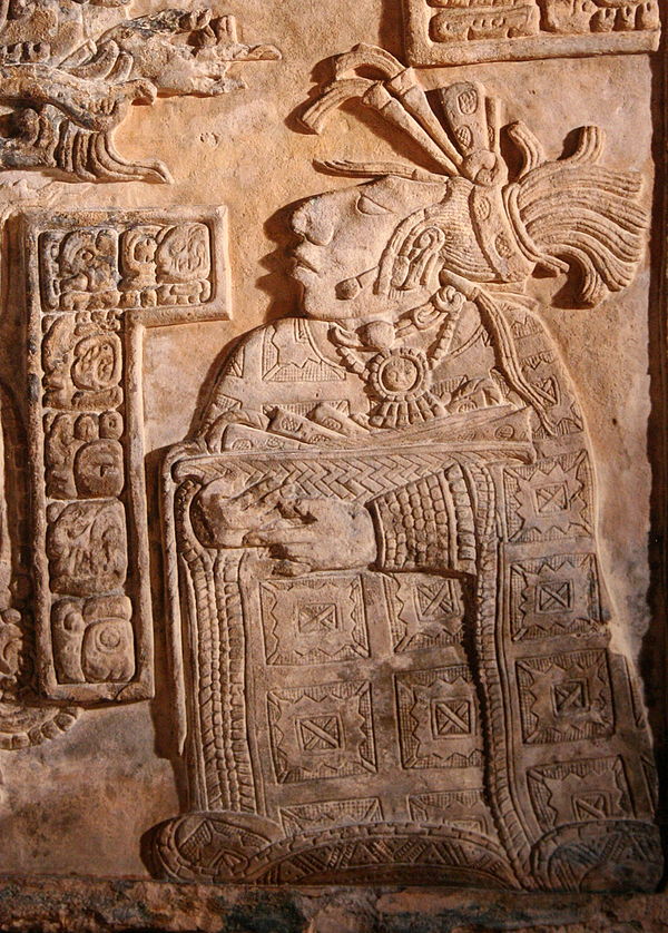 Lady Wak Tuun of Motul de San José married Yaxun B'alam IV of Yaxchilán. Here she is depicted performing a bloodletting rite in AD 755. Yaxchilán Lint