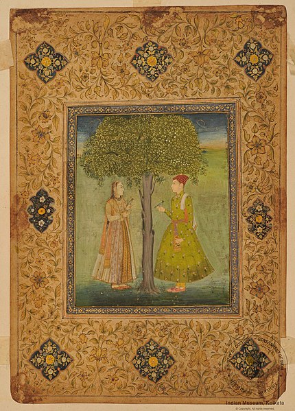 Young Prince Salim and his wife Jagat Gosain, both holding Bulbuls c.17th century