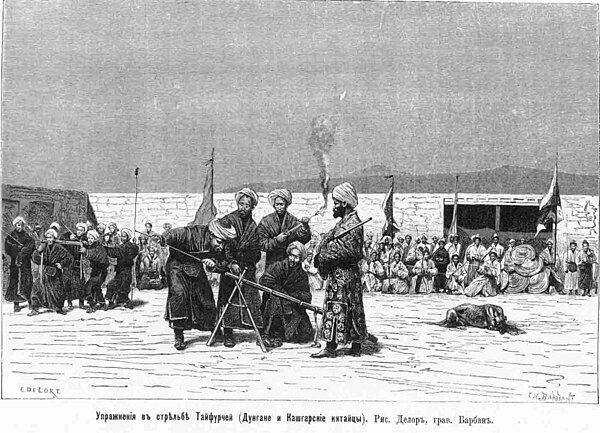 Caption: "Shooting exercises of taifurchi [gunners]. Dungans and Kashgar Chinese". A French engraving from the Yaqub Beg's state period