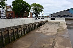 The locally-famous 'Oss Wash' complex along Nelson Street, Kingston upon Hull, named due to graffiti that once marked it out. The site is now surrounded by new flood defences.