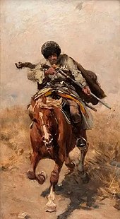 Circassian warrior, by Alfred Kowalski, 1895. Cherkes streliaet iz vintovki s konia na skaku.jpg