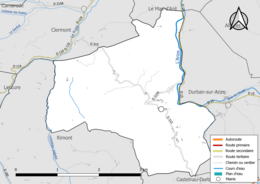 Carte en couleur présentant les réseau hydrographique de la commune