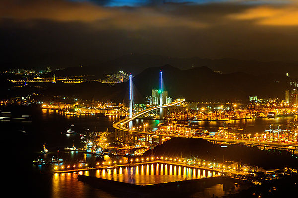 Stonecutters Bridge at night, view from Sky-100