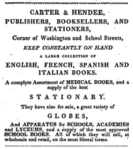 Ad for Carter & Hendee, booksellers; Washington St. and School St., Boston, 1832