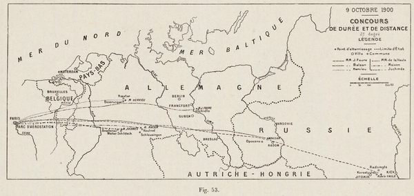 Map of flights in the race for overall duration and distance (9 October 1900). The team of Henry de la Vaulx and Georges Castillon de Saint-Victor set world records for distance (1925 km, Paris to Kiev) and duration (nearly 36 hours). 1900 Olympic ballooning for duration and distance.png