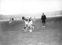 A lacrosse game between the British and Canadian national teams during the 1908 Summer Olympics. 1908 Olympics Lacrosse 1.jpg