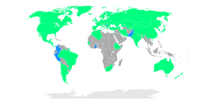 Carte du monde des nations participant aux Jeux indiquées en vert et en bleu.