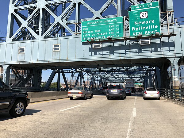 View west along Interstate 280 in East Newark, just before crossing the Stickel Bridge