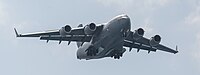 A US Air Force C-17 Globemaster III, tail 00-0171, on final approach to Kadena Air Base in Okinawa, Japan. It is assigned to the 176th Wing of the Alaska Air National Guard, and is originally from Joint Base Elmendorf–Richardson in Anchorage, Alaska.