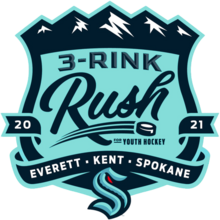 Dark blue words saying "3-Rink Rush" on a light blue background, all on a dark blue shield