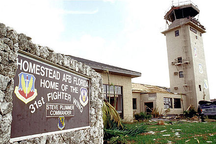 The damaged control tower and base operations building on Homestead AFB, Florida, after Hurricane Andrew smashed into the base on 24 August 1992.
