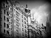 A Black and White Photo of the the Gran Vía in Madrid Spain.jpeg