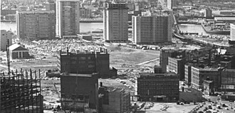 During urban renewal; the Washington School stands in the center of the cleared site Aerial view BGSC site.jpg