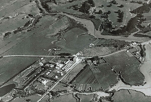 Aerial view of rural Ōtara and the Waitemata Brewery in 1949