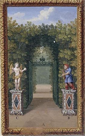 Ésope et Cupidon, à l'entrée du labyrinthe de Versailles, par Jacques Bailly, 1675.