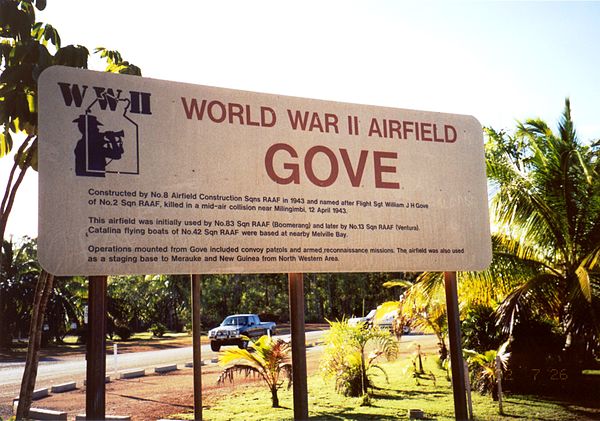 Sign commemorating Gove Airport's World War II service.