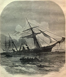 Illustration of CSS Alabama sinking, Harper's Weekly, 23 July 1864. AlabamaSinkingHarpers23July1864.jpg