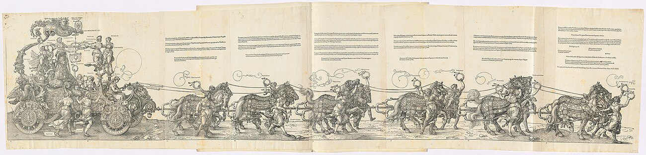 The Triumphal Chariot of Maximilian I, by Albrecht Dürer. The canopy is adorned with the solar symbol and the imperial coat-of-arms. The inscription states: "That which the sun is in the heavens, the Emperor is on earth."[287]