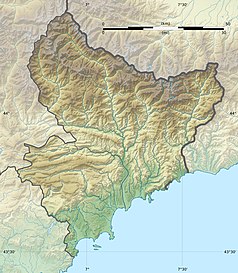 Mapa konturowa Alp Nadmorskich, na dole nieco na lewo znajduje się punkt z opisem „Cannes”