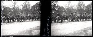 Sikh cavalry passing through the streets of Amiens in 1916. Amiens. 1er avril 1916. Goumiers - Fonds Berthele - 49Fi195.jpg