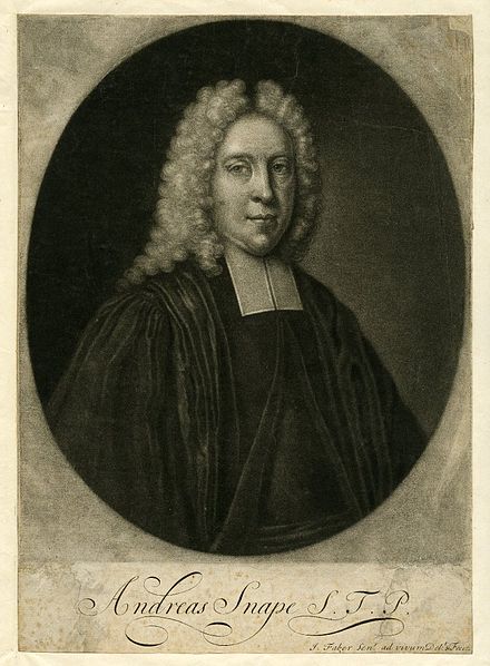 Andrew Snape, mezzotint by John Faber the Elder. A smaller version was also published, as a portrait of Orator Henley.