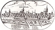 Ansicht von 1618 von Eilhard Lubin, auf der auch eine Brücke zum Burgtor zu sehen ist