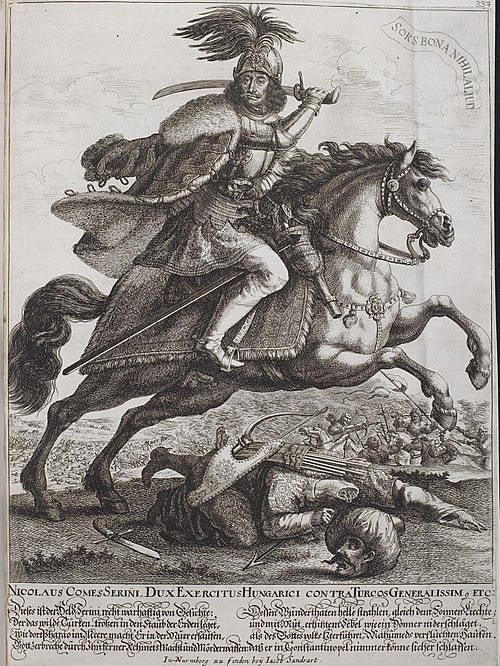 Contemporary drawing showing Nikola Zrinski in battle against Ottomans.