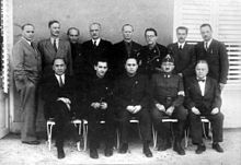 Ministers of the Arrow Cross Party government. Ferenc Szalasi is in the middle of the front row. Arrow Cross Party.jpg