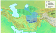 Approximate location of the place names mentioned in the Mihr Yasht of the Avesta Avestan geography mihr yasht.png