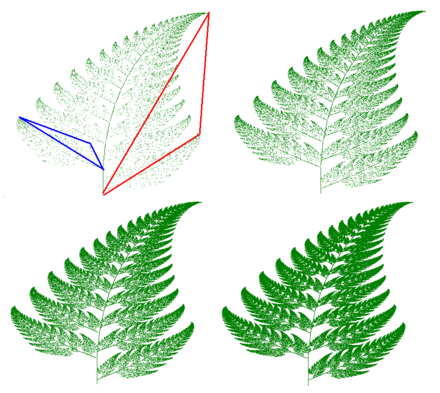 Fractal fern in four states of construction. Highlighted triangles show how the half of one leaflet is transformed to half of one whole leaf or frond.