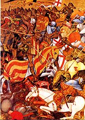 Battle of the Puig by Andreu Marcal de Sax, depicting the Christian victory with the aid of Saint George Batalla del Puig por Marzal de Sas (1410-20).jpg