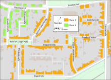 Lageplan der Zollvereinsiedlung, die Bauphasen sind farbig hervorgehoben