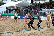 Deutsch: Beachhandball Europameisterschaften 2019 (Beach handball Euro); Tag 5: 6. Juli 2019 – Frauen, Platzierungsspiel für die Ränge 9–12, Deutschland-Polen 2:1 (22:23, 19:16, 7:6) English: Beach handball Euro; Day 5: 6 July 2019 – Placement Match/Cross Match for rank 9–12 Women – Germany-Poland 2:1 (22:23, 19:16, 7:6)