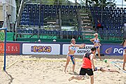 Deutsch: Beachhandball Europameisterschaften 2019 (Beach handball Euro); Tag 2: 3. Juli 2019 – Frauen, Vorrunde Gruppe C, Spanien-Griechenland 2:1 (12:20, 18:16; 8:2) English: Beach handball Euro; Day 2: 3 July 2019 – Women Preliminary Round Group C – Spain-Greece 2:1 (12:20, 18:16; 8:2)