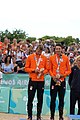 Deutsch: Beachvolleyball bei den Olympischen Jugendspielen 2018; Tag 11, 17. Oktober 2018; Jungen, Medaillenzeremonie - Gold: Schweden (David Åhman & Jonatan Hellvig), Silber: Niederlande (Matthew Immers & Yorick de Groot), Bronze: Argentinien (Bautista Amieva & Mauro Zelayeta) English: Beach volleyball at the 2018 Summer Youth Olympics at 17 October 2018 – Boys Victory ceremony - Gold: Sweden (David Åhman & Jonatan Hellvig), Silver: Netherlands (Matthew Immers & Yorick de Groot), Bronze: Argentina (Bautista Amieva & Mauro Zelayeta)