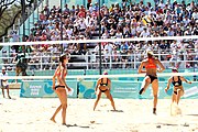 Deutsch: Beachvolleyball bei den Olympischen Jugendspielen 2018; Tag 9, 15. Oktober 2018; Mädchen, Viertelfinale: USA-Spanien 2–1 (21–19/17–21/15–9) English: Beach volleyball at the 2018 Summer Youth Olympics at 15 October 2018 – Girls Quarterfinals: USA-Spain 2–1 (21–19/17–21/15–9)