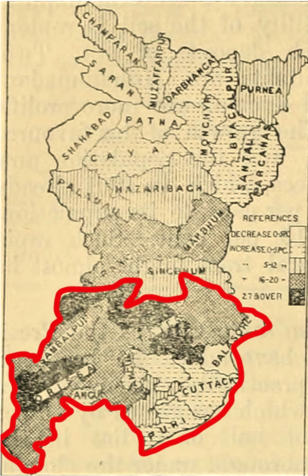 Map of Amalgamated Orissa (in Red border) with Bihar before 1936