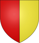 Sköld kluven i rött och guld, där vardera fältet i fransk heraldisk terminologi kan kallas mi-parti.