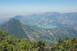 Bovilla Reservoir and its surroundings seen from Maja e Tujanit (Mount Dajti).
