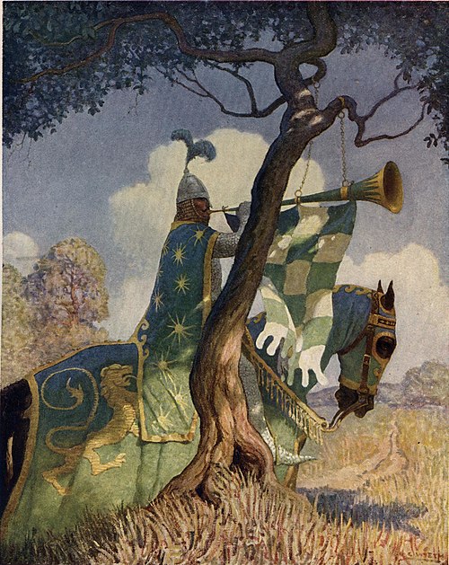 The Green Knight preparing to battle Sir Beaumains in N. C. Wyeth's illustration for Sidney Lanier's The Boy's King Arthur: Sir Thomas Malory's Histor