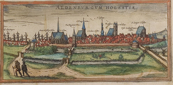 1572 drawing of Stade. "S. Cosmus" and "S. Wilhat" refer to St. Cosmae et Damiani Church and St. Wilhadi, respectively.