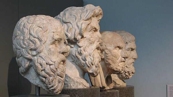 Four Greek philosophers: Socrates, Antisthenes, Chrysippos, Epicurus; British Museum