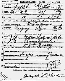 Buster Keaton's draft card; "motion picture performer" employed by Roscoe Arbuckle Buster Keaton draft card page 1.jpg