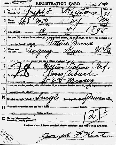 Buster Keaton's draft card; "motion picture performer" employed by Roscoe Arbuckle