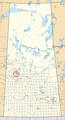 Karta provincije Saskatchewan koja prikazuje 297 ruralnih općina i stotine malih indijskih rezervata. Jedan je označen crvenim krugom.