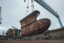 John F. Kennedy being constructed in September 2018 CVN-79 JFK construction bow.jpg