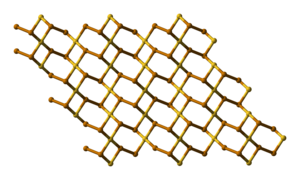 Calaverite ball-and-stick crystalline structure. The yellow-colored atoms represent gold. Calaverite-xtal-3D-balls.png