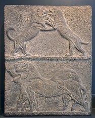 Canaanite relief in basat depicting a lion and a lioness at play, 14th century BC, from Beit She'an, Israel Museum, Jerusalem (27523165515).jpg