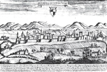 View of Altamura in 1770 ca. (in the center are porta Bari and the ancient castle, now completely demolished)