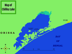 This map of Chilika Lake showing Nalaban Island, Chilika Bird Sanctuary, Dolphin Sanctuary, Puri town and Malud peninsula.
